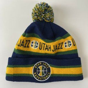 Vintage Utah Jazz Hat Cap Beanie Blue Green Yellow Pompom Adult NBA Basketball